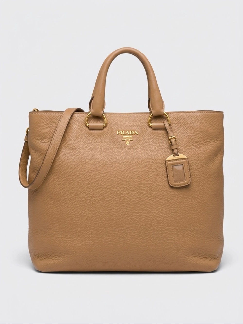 Prada Tan Pebbled Leather Tote with Gold Hardware